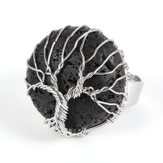 Resizable Natural Lava Stone Ring With a Silver Tree of Life Wrap