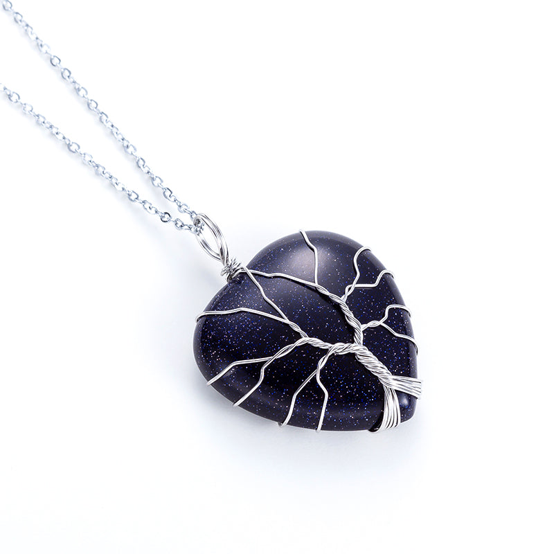 Natural Blue Sandstone with a Tree of Life Wrapped Heart Necklace