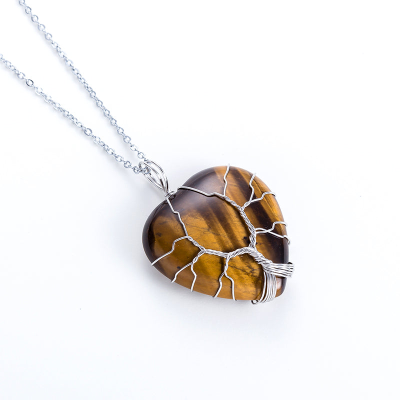 Natural Tigers Eye Stone with a Tree of Life Wrapped Heart Necklace