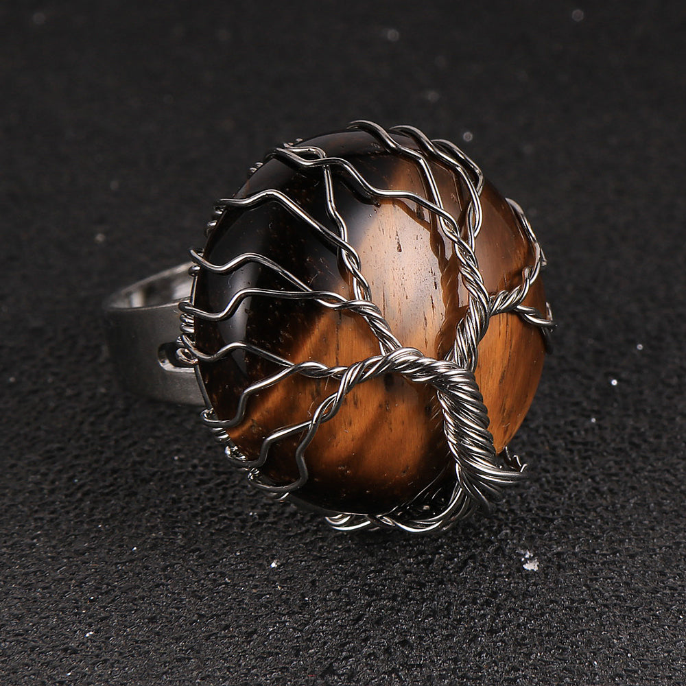 Resizable Tiger Eye Natural Stone Ring With a Silver Tree of Life Wrap