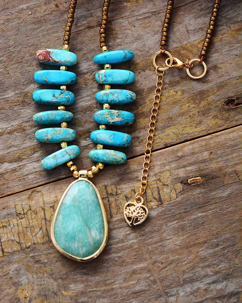 Handmade Amazonite, Jasper and Seed Beads Pendant Necklace