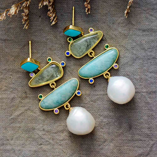 Handmade Amazonite and Fresh Water Pearl Stud Earrings