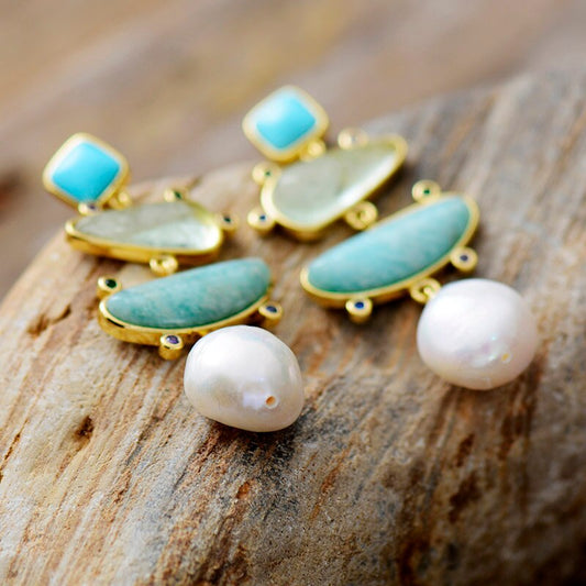 Handmade Amazonite and Fresh Water Pearl Stud Earrings
