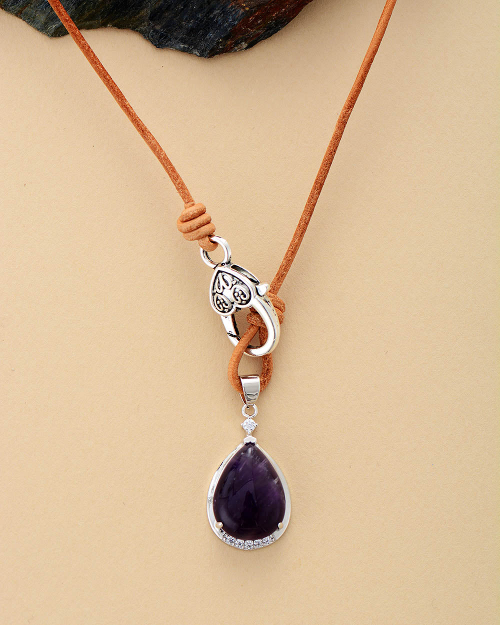 Handmade Amethyst Teardrop Pendant Leather Necklace