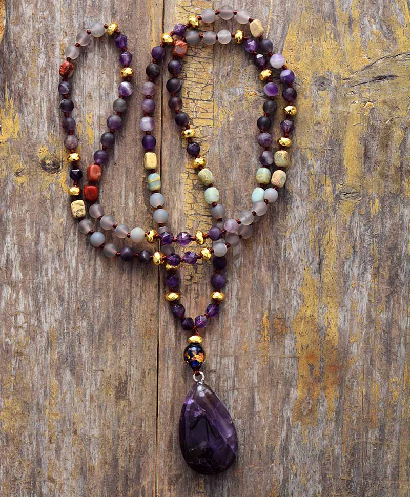 Handmade Amethyst, Jasper and Onyx Teardrop Pendant Necklace
