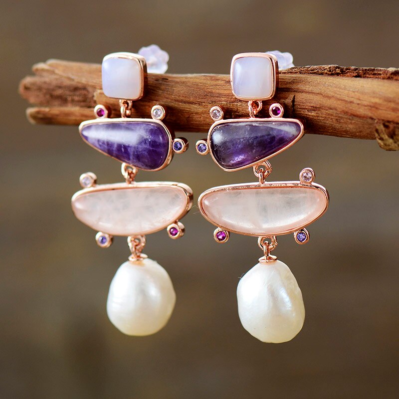 Handmade Amethyst, Rose Quartz and Fresh Water Pearl Stud Earrings
