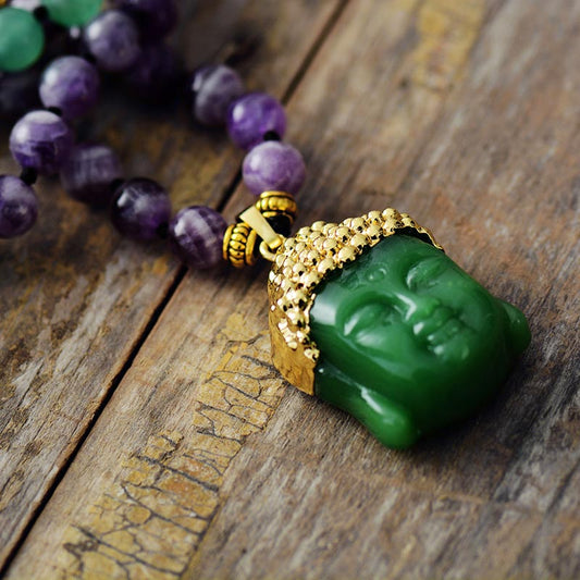 Handmade Amethyst and Gold Necklace with a Buddha Pendant