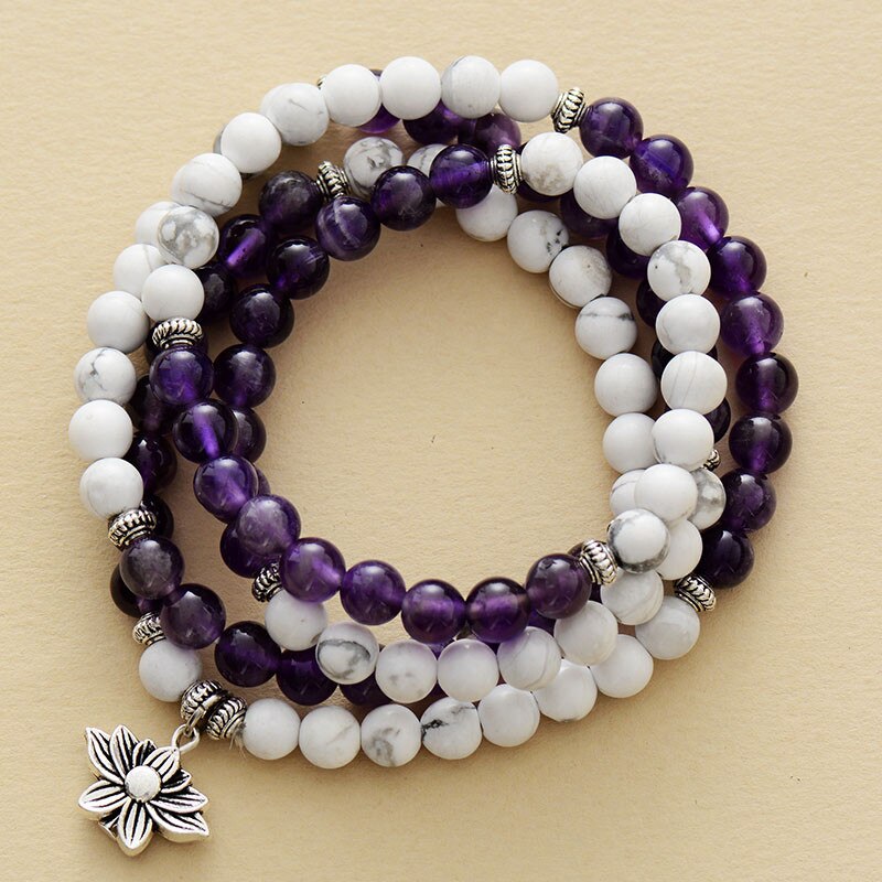 Handmade Amethyst and Howlite 108 beaded Bracelet with 6MM Beads