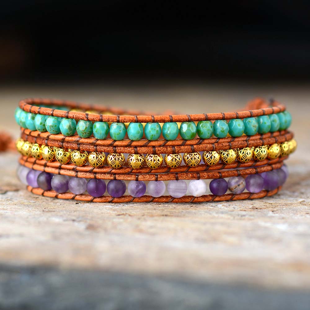 Handmade Amethyst and Tibetan Beads Wrap Bracelet - 19.7 Inches + 3 Closures