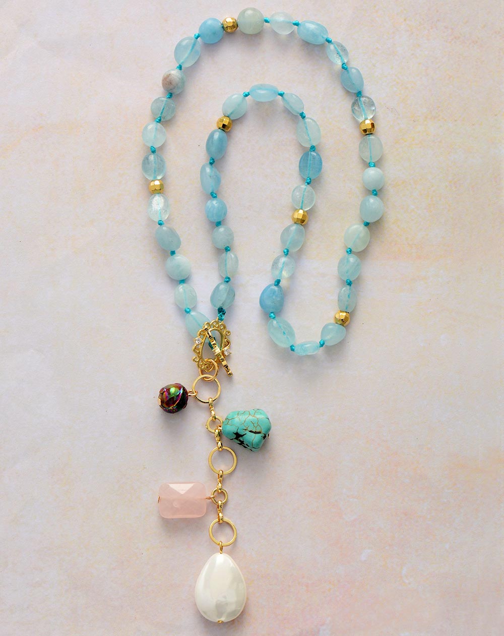 Handmade Aquamarine Necklace with Rose Quartz, Turquoise and Shell Pearl Pendants
