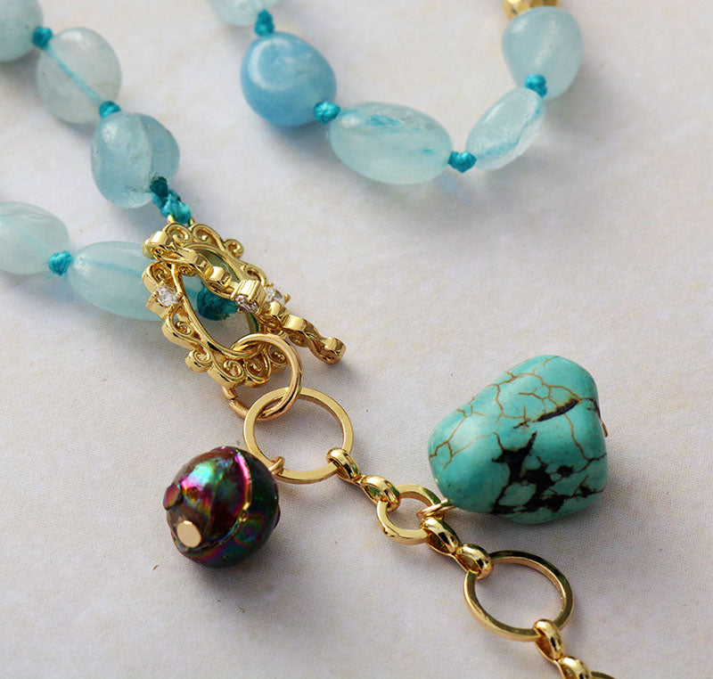 Handmade Aquamarine Necklace with Rose Quartz, Turquoise and Shell Pearl Pendants