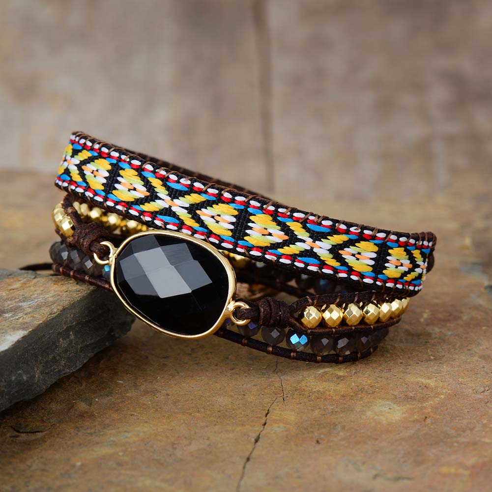 Handmade Black Onyx and weaving Bohemian Bracelet