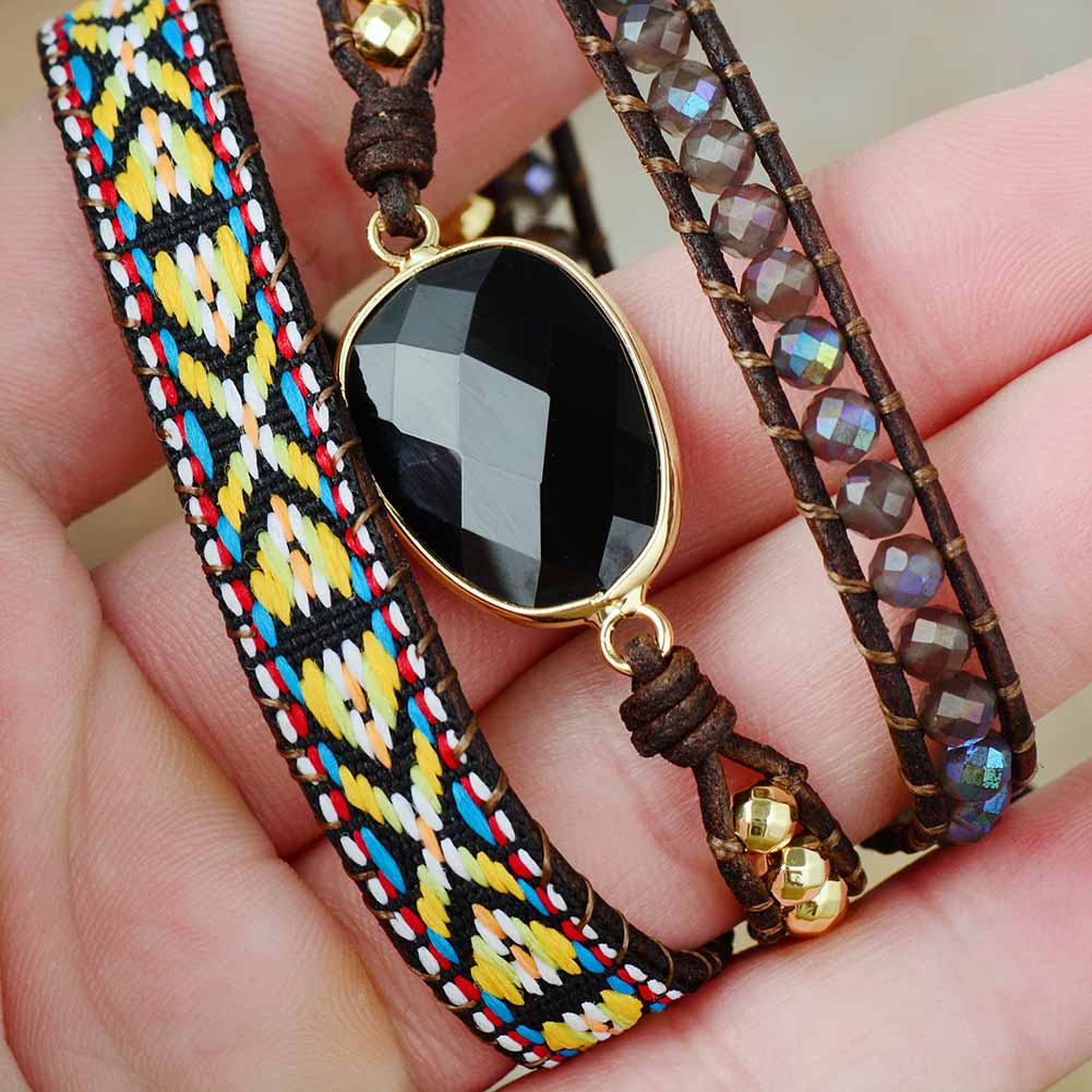 Handmade Black Onyx and weaving Bohemian Bracelet