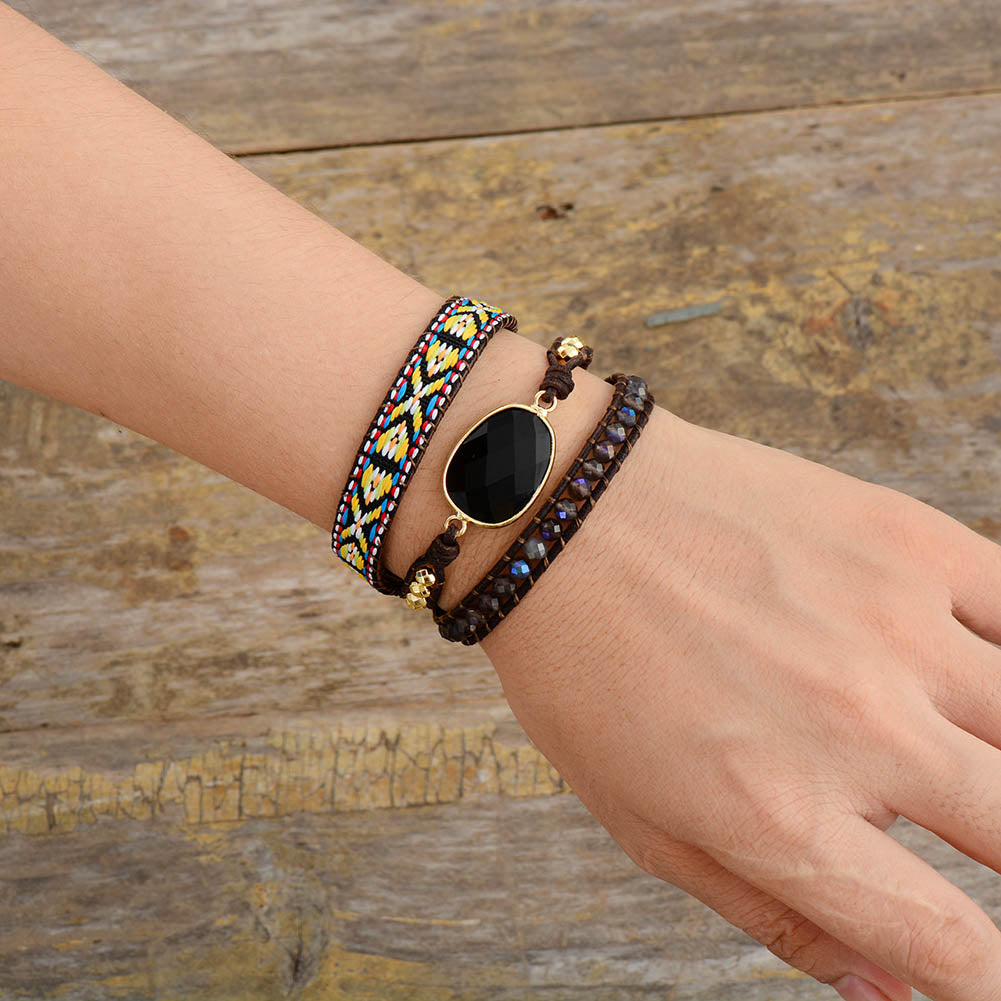 Handmade Black Onyx and weaving Bohemian Bracelet