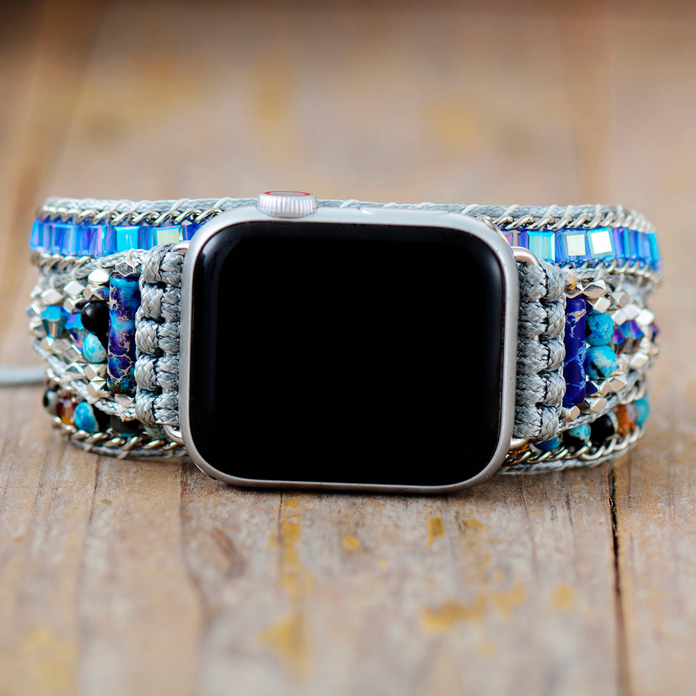 Handmade Blue Crystal Onyx and Jasper Apple Watch Bracelet with Vegan Rope