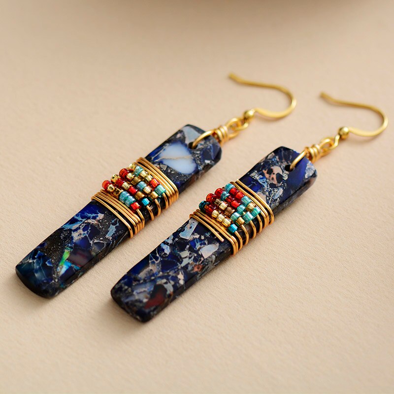 Handmade Blue Imperial Jasper Rectangle Dangle Earrings