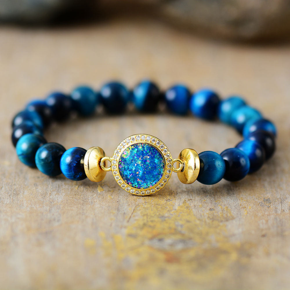 Handmade Blue Tigers Eye and Opal Bead Bracelet