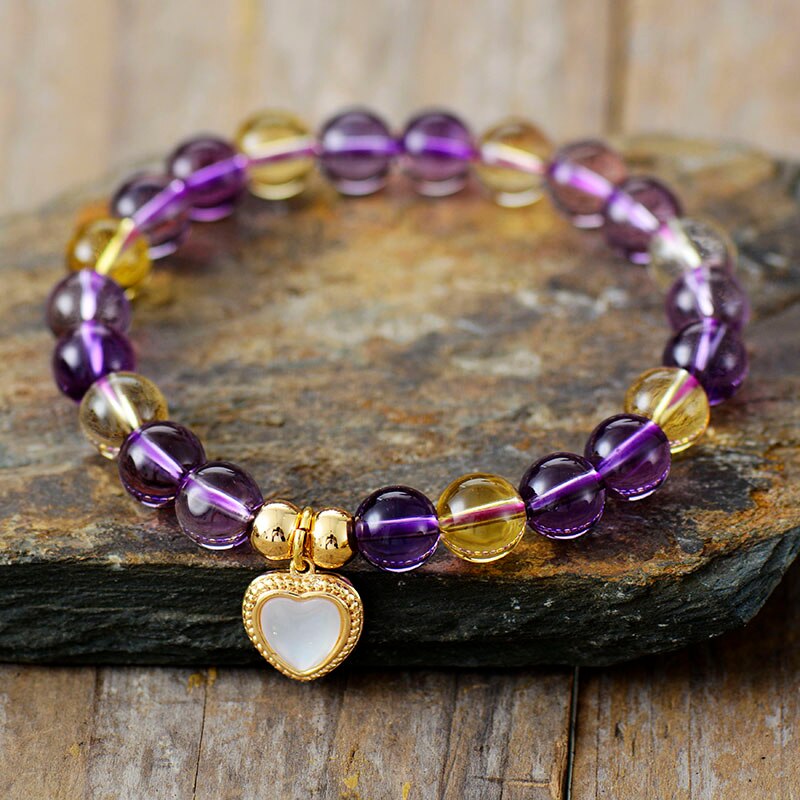 Handmade Citrine and Amethyst Elastic Beaded Bracelet and Heart Charm - 8MM Beads