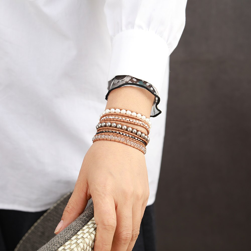 Handmade Fresh Water Pearl and Hematite Leather Wrap Bracelet