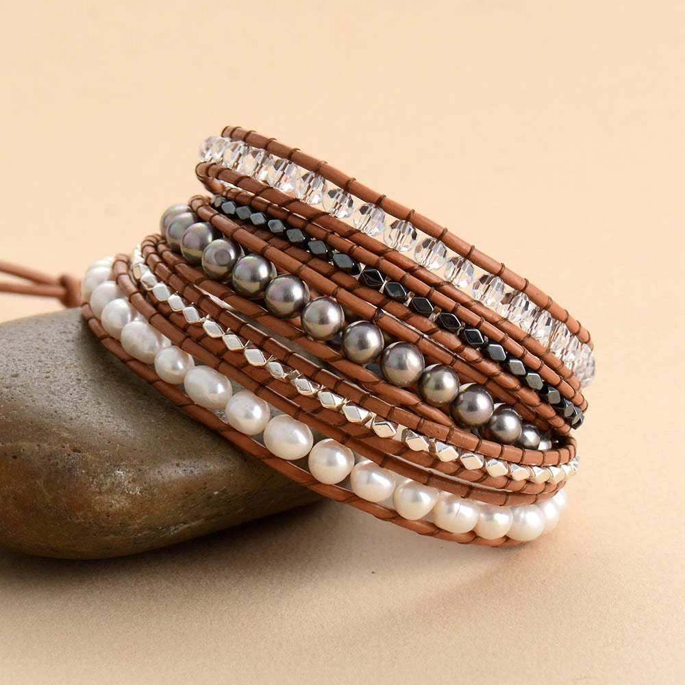 Handmade Fresh Water Pearl and Hematite Leather Wrap Bracelet