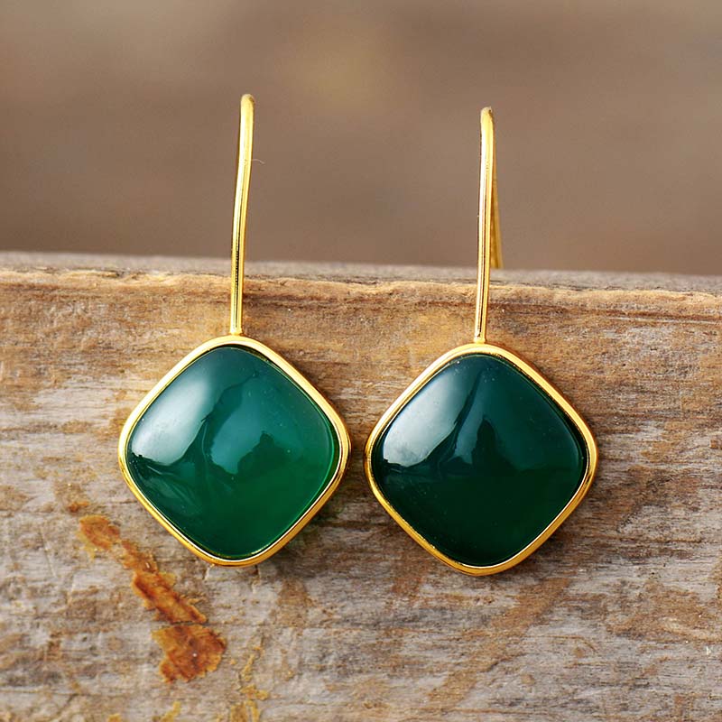 Handmade Green Agate Square Dangle Earrings