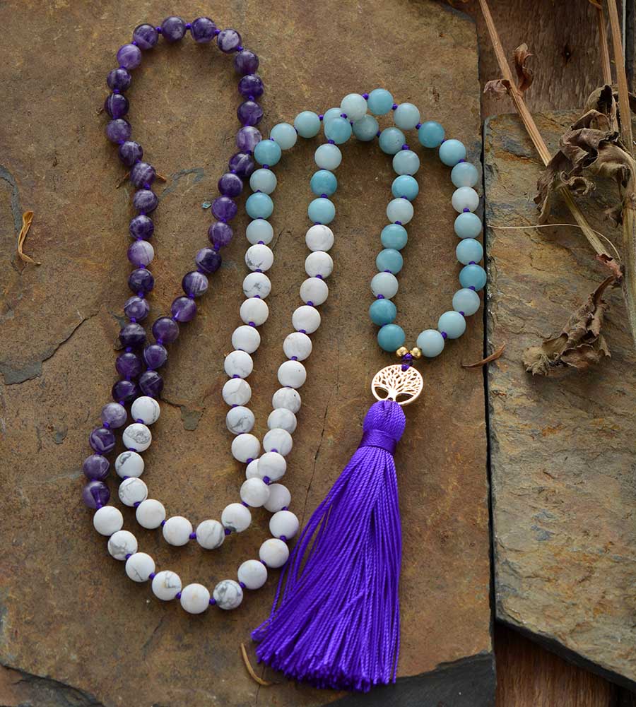 Handmade Howlite, Amazonite and Amethyst Mala with 108 8MM Beads