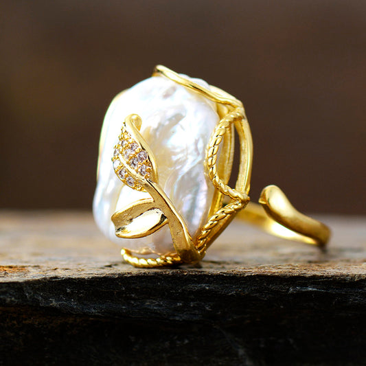 Handmade Ivory Freshwater Pearl & Gold Plated Flower Ring - Resizable