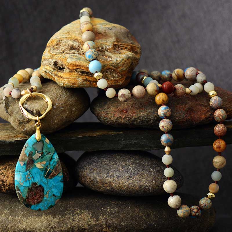 Handmade Jasper Beaded Necklace with a Teardrop Pendant