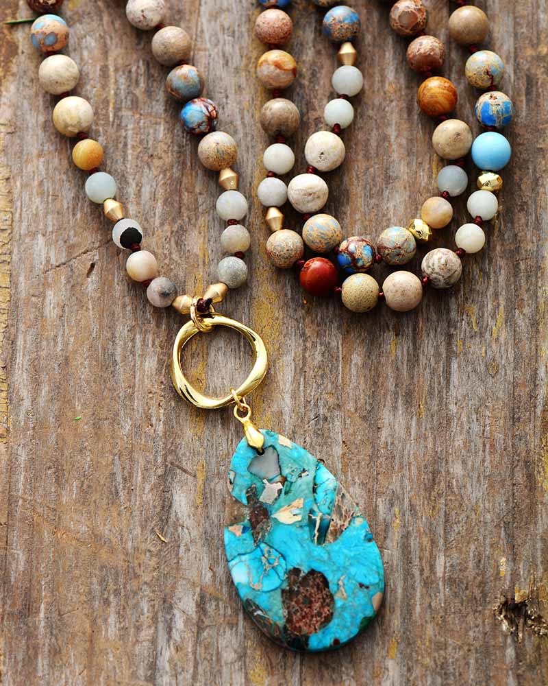 Handmade Jasper Beaded Necklace with a Teardrop Pendant