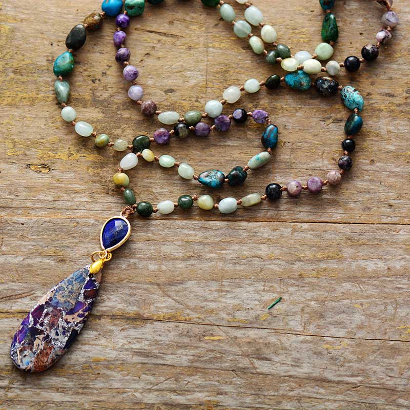 Handmade Jasper, Lapis Lazuli and Purple Mica Necklace with a Teardrop Pendant