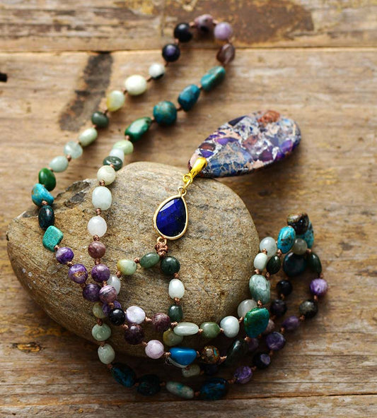 Handmade Jasper, Lapis Lazuli and Purple Mica Necklace with a Teardrop Pendant