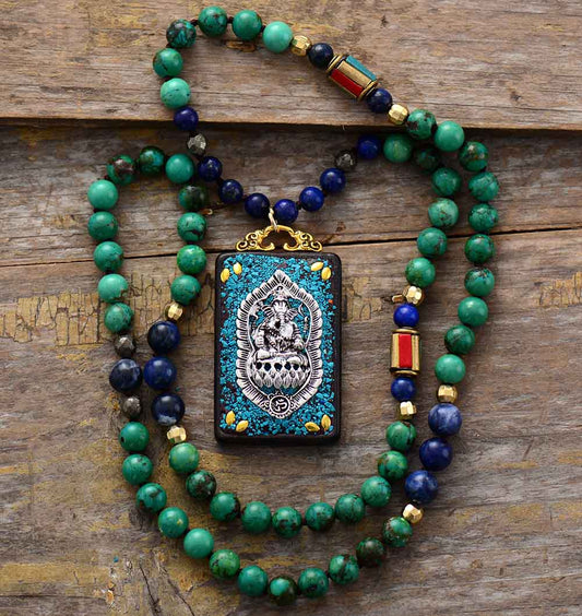 Handmade Jasper, Lapis Lazuli and Sodalite Beaded Necklace with a Tibetan Elephant Pendant