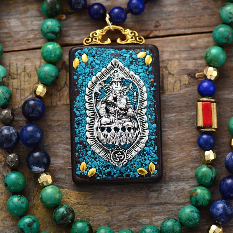 Handmade Jasper, Lapis Lazuli and Sodalite Beaded Necklace with a Tibetan Elephant Pendant