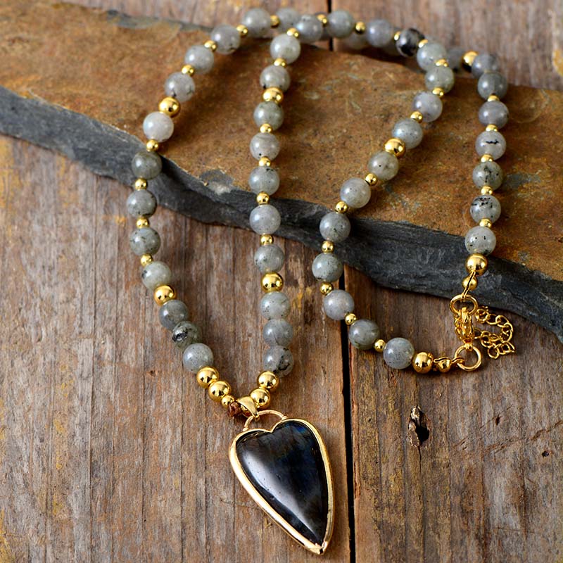 Handmade Labradorite Heart Pendant and Beaded Necklace