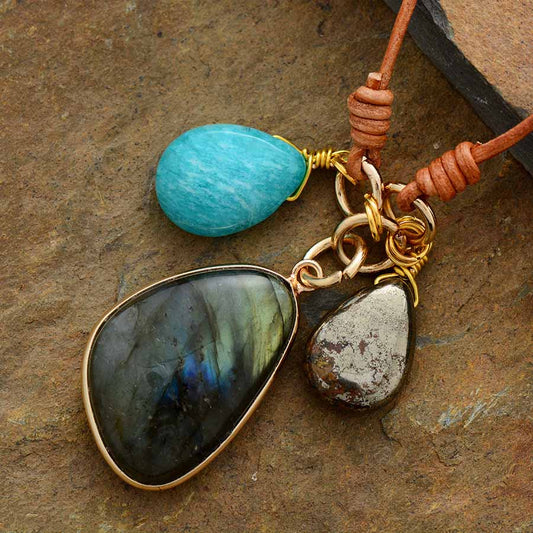 Handmade Labradorite, Pyrite and Amazonite Leather Pendant Necklace