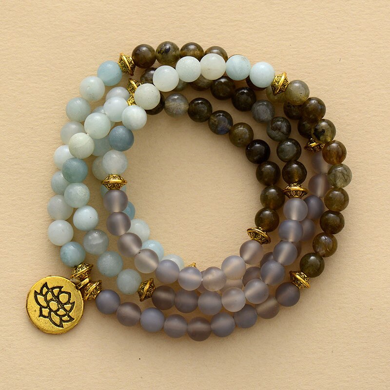 Handmade Labradorite and Amazonite 108 beaded Bracelet with 6MM Beads