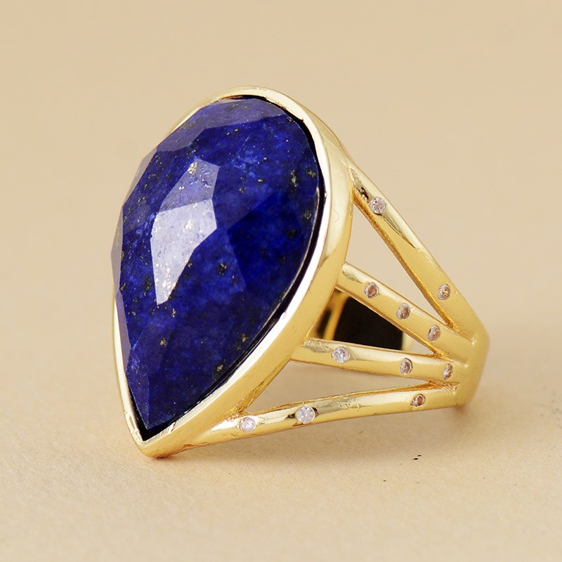 Handmade Teardrop Shaped Lapis Lazuli Resizable Gold Plated Ring