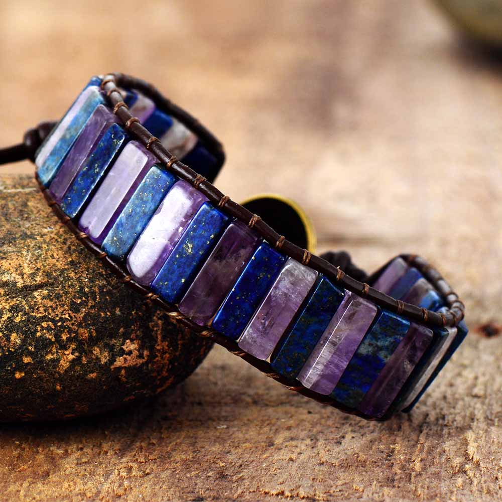 Handmade Lapis Lazuli & Amethyst Leather Bracelet