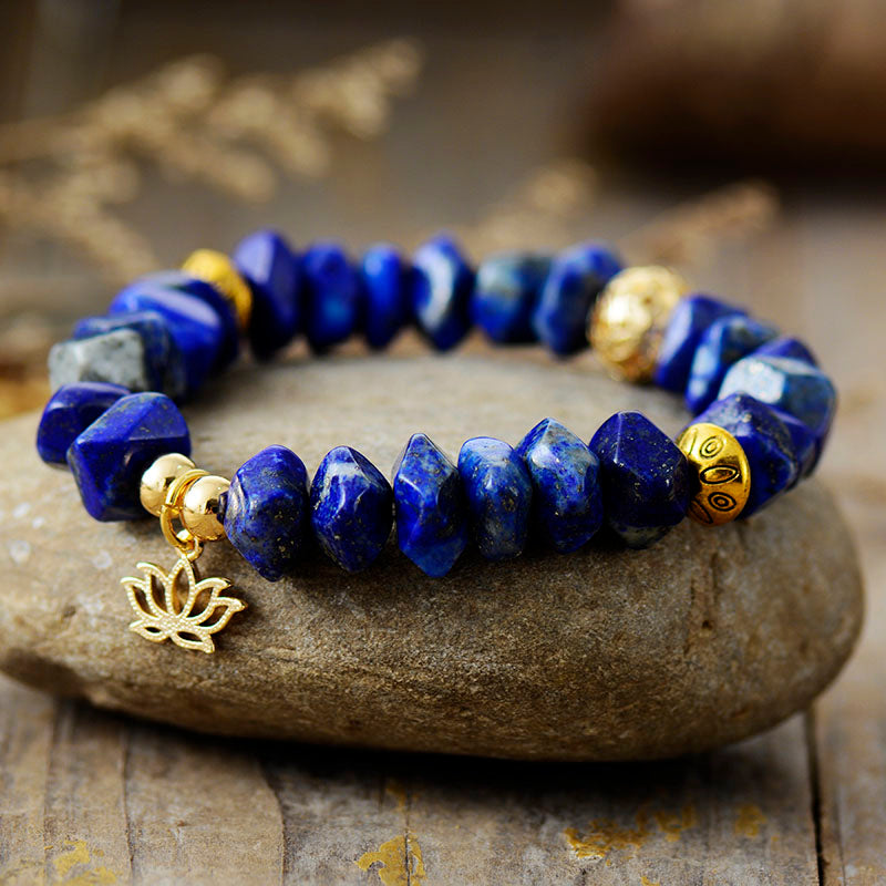 Handmade Lapis Lazuli and Lotus Charm Bracelet