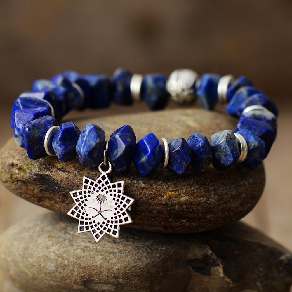 Handmade Lapis Lazuli and Sunburst Charm Elastic Bracelet
