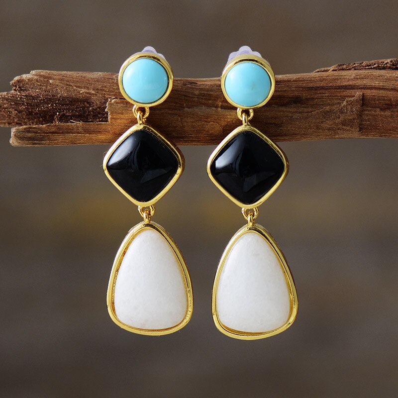 Handmade Moonstone, Turquoise and Black Agate Dangle Earrings