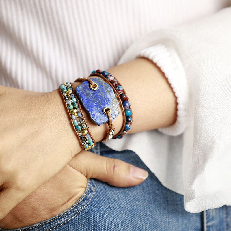 Handmade Natural Lapis Lazuli Center and Jasper Beaded Wrap Bracelet