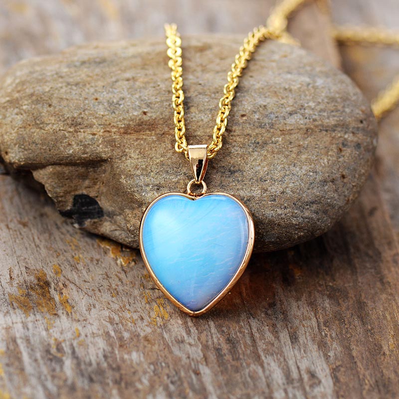 Handmade Opal Heart Shaped Pendant Necklace with a Gold Plated Chain