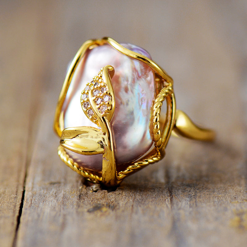Handmade Purple Freshwater Pearl & Gold Plated Flower Ring - Resizable
