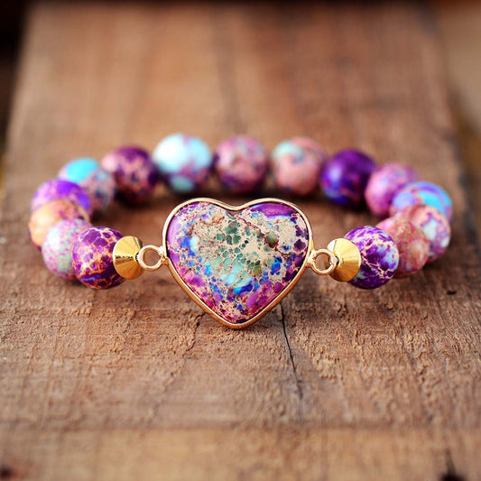 Handmade Purple Imperial Jasper Beaded Bracelet with a Heart