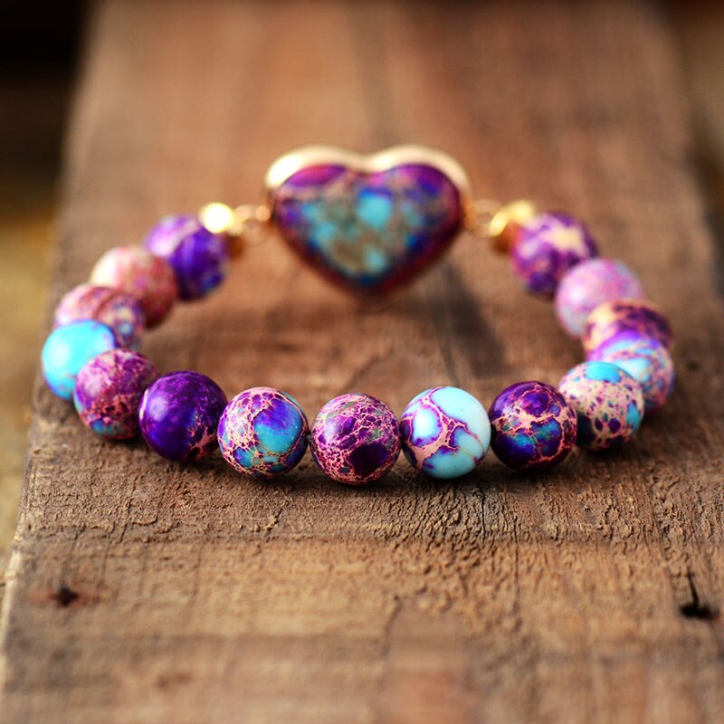 Handmade Purple Imperial Jasper Beaded Bracelet with a Heart