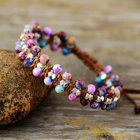 Handmade Purpler Jasper and Metal Beaded Braided Bracelet