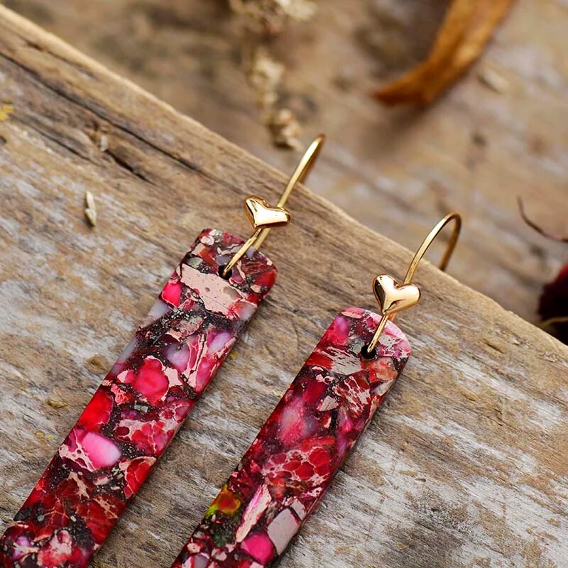 Handmade Red Imperial Jasper Dangle Earrings with a Gold Heart