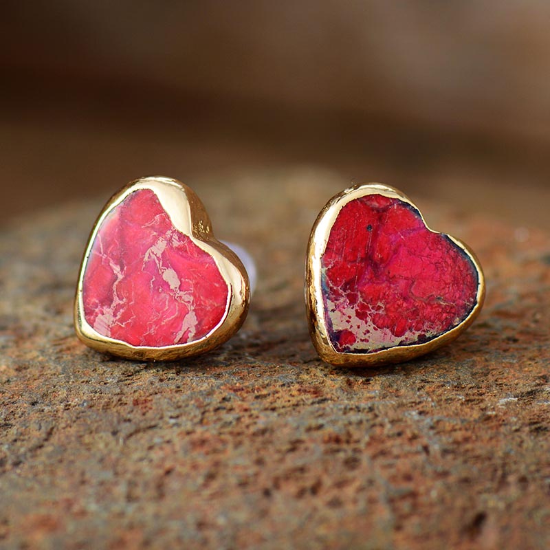 Handmade Red Imperial Jasper & Gold Heart Shaped Earrings