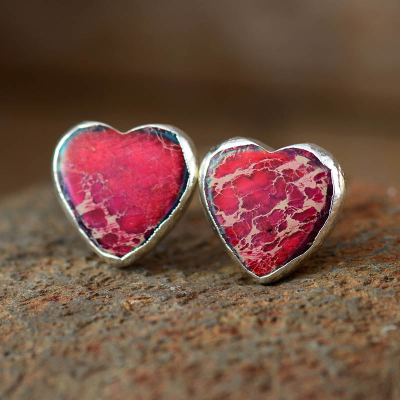 Handmade Red Imperial Jasper & Silver Heart Shaped Earrings